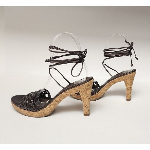 Antonio Melani Brown Macrame Woven Sandals Open Toe Ankle Wrap Cork Heel Sz 6.5 - Picture 1 of 11